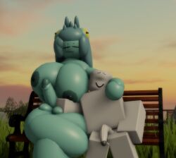 1boy 1futa 3d areolae arm_around_head bench dummy_(roblox) futa_on_male futanari goofylookin imminent_sex large_breasts large_penis legs_crossed looking_at_partner lucia_(goofy_lookin) nude_futanari nude_male public_nudity roblox scar_across_eye source_request sunset teal_skin w_mouth