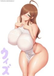 1girls big_breasts blush breasts brown_eyes brown_hair female female_only hair hair_over_one_eye hips huge_breasts kainkout kono_subarashii_sekai_ni_shukufuku_wo! long_hair naked naked_female nipple_bulge nude nude_female solo solo_female submissive_pose thick_thighs thighs towel towel_only wet wet_body wide_hips wiz_(konosuba)