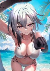 1girls 2d 2d_(artwork) alternate_costume arlecchino_(genshin_impact) beach belly_button big_breasts bikini bikini_bottom bikini_top black_eyes black_hair bra clouds day eitei female female_focus female_only front_view genshin_impact light-skinned_female light_skin looking_at_viewer mature mature_female multi-strapped_bikini navel ocean outdoors red_eyes red_nails short_hair sky slim_girl smiling smiling_at_viewer solo solo_female solo_focus standing summer swimsuit thong thong_bikini two_piece_swimsuit two_tone_hair voluptuous voluptuous_female water white_bikini white_bikini_bottom white_bikini_top white_hair white_swimsuit