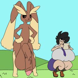 alpha_pokémon anthro balls big_balls big_breasts big_penis breasts brown_body clothing duo female footwear fur generation_4_pokemon genitals hi_res huge_balls huge_breasts huge_cock human kuge lopunny male male/female male_pokemon/female_human mammal necktie nintendo penis piku_(kuge) pokemon pokemon_(species) shirt shoes topwear yellow_fur