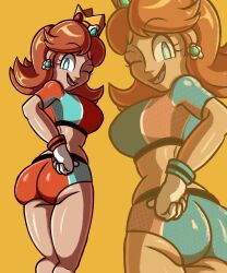 1girls ass daisy's_hot_stuff_(trend) female female_only mario_(series) mario_strikers mario_strikers_princess_daisy_side_view_redraw_(meme) meme orange_shorts princess_daisy screenshot_redraw super_mario_bros.