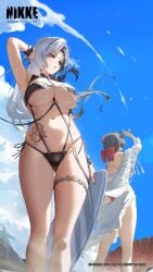 2girl 2girls amber_eyes back_tattoo barely_clothed beach bikini black_hair black_nail_polish black_nails female female_focus female_only game_cg goddess_of_victory:_nikke hi_res high_resolution highres hips huge_breasts large_breasts legs official_art rosanna_(chic_ocean)_(nikke) rosanna_(nikke) sakura_(bloom_in_summer)_(nikke) sakura_(nikke) summer sunlight surfboard swimsuit tattoo tattooed_arm tattoos thick_thighs thighs underboob wallpaper white_hair