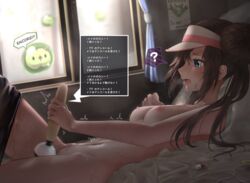 ? bangs bed blue_eyes blush body_control breasts brown_hair commentary_request curtains double_bun female female_ejaculation female_only female_orgasm female_protagonist forced_masturbation forced_orgasm from_side gameplay_mechanics highres hitachi_magic_wand indoors japanese_text knee_up lying masturbation medium_breasts momonoko_noko nintendo nipples nude on_back open_mouth pantyhose pillow pokemon pokemon_battle pokemon_bw2 rape rosa_(pokemon) saliva sex_toy skirt skirt_pull solo_focus spoken_question_mark sweat text translated trembling twintails vibrator visor_cap window