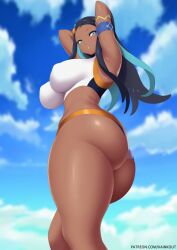 1girls arm_strap armpits arms_behind_head armwear ass big_ass big_breasts black_hair blue_eyes bottomwear breasts clothing female female_only game_freak gym_clothes gym_uniform hair hands_behind_head huge_ass huge_breasts kainkout long_hair looking_at_viewer looking_down nessa_(pokemon) nintendo pokemon pokemon_ss solo solo_female thighs topwear