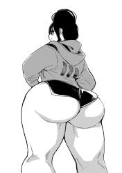 achumuchi ass breasts erotic_x_anabolic female from_below highres hood huge_ass inui_achu jacket large_breasts long_hair mitsukura_itsuha monochrome original short_shorts shorts solo thick_thighs thighs upper_body wide_hips