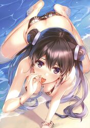 ass beach big_breasts bikini black_bikini black_hair blush bracelet female female_only floral_print hair_accessory hair_buns jewelry long_hair looking_at_viewer misaki_kurehito nipple nipple_slip on_all_fours open_mouth pink_nipples pose purple_eyes sand sexually_suggestive suggestive swimsuit teasing tongue tongue_out tougetsu_matsuri twintails water wet