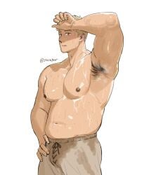 abs absurd_res armpit_hair armpits bara biceps blonde blonde_hair blonde_male blush clothing delicious_in_dungeon dungeon_meshi hi_res highres laios_touden light_hair light_skin male male_nipples male_only muscular_male nipples pecs shirtless signature slightly_chubby suck-nis sweat sweating