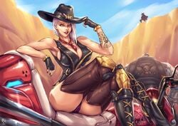 2d ashe_(overwatch) blizzard_entertainment bob_(overwatch) bowler_hat breasts cole_cassidy cowboy_hat crossed_legs curvy faymantra female living_machine mole_above_mouth omnic overwatch red_eyes red_lipstick robot tagme thick thighs white_hair