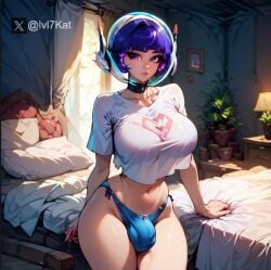 1futa ai_generated big_breasts big_penis big_thighs blue_panties bulge futa_only futanari hi_res high_resolution highres juno_(overwatch) lvl7kat overwatch overwatch_2 penis purple_hair white_shirt