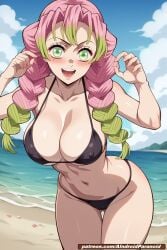 ai_generated aindroidparanoid ass beach bicolored_hair big_ass big_breasts big_butt bikini blush boobs braid breasts busty cameltoe demon_slayer green_eyes green_hair hourglass_figure huge_breasts kanroji_mitsuri kimetsu_no_yaiba large_breasts narrow_waist nipples outdoors pink_hair sand stable_diffusion tits