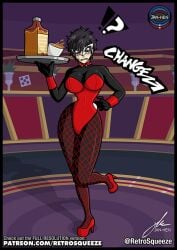 alcohol alcoholic_drink bowtie bunny_girl cleavage fishnet_stockings fishnets gender_transformation genderswap_(mtf) head_swap headswap heels high_heels jan-hen joker_(persona) large_breasts mask persona_5 retrosqueeze rule_63 shadow_(persona) spilling_drink tiny_waist tray waitress