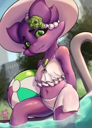 anthro beach_ball bikini_top blush city_background female female_only gem green_eyes hat headwear midriff navel nervous outside pokemon_(species) pool poolside princess_rari purple_skin ruffles sableye solo solo_focus sun_hat two_piece_swimsuit unusual_eyes unusual_pupils water white_clothing