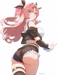 1girls ass breasts female female_only fur-trimmed_shorts green_eyes hi_res large_breasts looking_at_viewer looking_back nicole_demara nutsbutty pink_hair shorts solo thighs white_background zenless_zone_zero