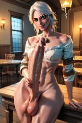 1futa abs ai_generated ciri cock cum dripping_cum erect_penis futa_only futanari hand_on_penis hi_res huge huge_balls looking_at_viewer marrielobste partially_clothed scar self_upload sitting_on_table smiling table the_witcher_(series) the_witcher_3:_wild_hunt thick_thighs white_body white_hair white_skin wide_hips