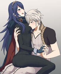 1boy ass blue_eyes blue_hair blush breasts brown_eyes couple female fire_emblem fire_emblem_awakening hand_holding licking long_hair lucina_(fire_emblem) mejiro open_mouth robin_(fire_emblem) robin_(fire_emblem)_(male) short_hair silver_hair