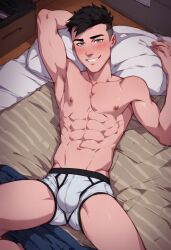 1boy ai_generated bedroom laying_on_bed looking_at_viewer male_only smiling smiling_at_viewer solo superboy superboy_(conner_kent) tagme underwear young_justice