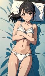 ai_generated bare_legs black_hair blush bra brown_eyes curvaceous curvy_female embarrassed light-skinned_female light_skin looking_at_viewer panties ponytail small_breasts solo_female suzume_(suzume_no_tojimari) suzume_no_tojimari