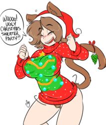 ! 5_fingers animal_humanoid big_breasts blush bottomless breasts brown_ears brown_hair brown_tail cat_humanoid christmas closed_eyes clothed clothing dialogue duckdraw english_text eyelashes feline female female_focus female_only genital_piercing hair hat holidays humanoid mammal mistletoe nipple_bulge open_mouth open_smile original original_character pale_skin piercing plant portrait pubes pussy pussy_piercing santa_hat simple_background smile solo speech_bubble sweater teeth text three-quarter_portrait tipsy_(duckdraw) turtle_neck white_background