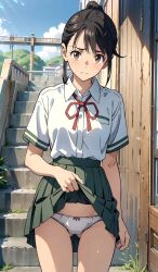 ai_generated bare_legs black_hair blush brown_eyes curvaceous curvy_female light-skinned_female light_skin looking_at_viewer panties ponytail school_uniform schoolgirl skirt_lift small_breasts solo_female suzume_(suzume_no_tojimari) suzume_no_tojimari