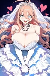 1girls ahoge ai_generated blonde_hair blue_eyes blush breast_squeeze breasts bride bursting_breasts choker cleavage danganronpa danganronpa_v3 dress elbow_gloves female hair_between_eyes hands_together heart huge_breasts iruma_miu large_breasts long_hair looking_at_viewer necklace new_danganronpa_v3 open_mouth smile solo tiara wedding_dress wedding_veil white_gloves