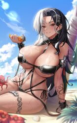 amber_eyes barely_clothed barely_contained beach belly_button bikini black_hair cleavage ear_piercing flower goddess_of_victory:_nikke hi_res high_resolution highres huge_breasts large_breasts long_hair lotion lotion_bottle ocean octopus piercing rosanna_(chic_ocean)_(nikke) rosanna_(nikke) sand sitting smile smiling smiling_at_viewer solo solo_female subob_(subobdesu) summer sunlight swimsuit tattoo tattooed_arm tattoos thick_thighs thighs two_tone_hair underboob wet wet_body white_hair