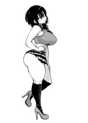 achumuchi ass breasts erotic_x_anabolic female full_body high_heels highres huge_ass inui_achu large_breasts long_hair looking_at_viewer mitsukura_itsuha monochrome original skirt sleeveless smile solo thick_thighs thighs wide_hips