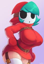 1girls belt big_breasts big_thighs breasts cranihum curvy cyan_hair female female_only hoodie mario_(series) mask masked nintendo red_clothing shy_gal shy_gal_red solo tagme thick_thighs thighs