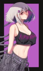 breasts cleavage crop_top cyborg female grey_hair hair_ornament hairclip highres kuronami616 large_breasts looking_at_viewer machine mole mole_on_breast mole_under_eye mole_under_mouth navel original purple_background purple_eyes short_hair simple_background solo wavy_hair