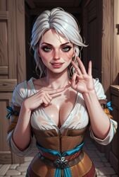 ai_generated ciri clothing decademix dominant_female female inviting_to_sex light-skinned_female looking_at_viewer scar smiling solo the_witcher_(series) the_witcher_3:_wild_hunt wet_body white_hair