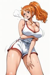 ai_generated alluring almost_naked almost_nude basketball basketball_shorts basketball_uniform big_breasts blush breasts brown_eyes female female_only long_hair looking_at_viewer nami nami_(one_piece) one_piece orange_hair ponytail post-timeskip seducing seduction seductive seductive_body seductive_eyes seductive_gaze seductive_look seductive_mouth seductive_pose shiny_hair shiny_skin sweat sweatdrop sweating sweaty sweaty_body voluptuous voluptuous_female yashin