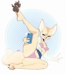 1girls aggressive_retsuko aggretsuko anthro areola_slip black_eyes blush bra canid canine female female_only fennec_fox fenneko fox fur furry hi_res leg_up looking_at_viewer lying_on_side mammal miniskirt nalu_chaaan narrowed_eyes open_shirt panties pawpads sanrio smiling smiling_at_viewer solo thick_thighs