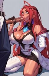 ahoge ai_generated bimbo bimbo_lips bimbofied blowjob cleavage clothed elizabeth_rose_bloodflame hololive hololive_english hololive_english_-justice- oral oral_sex red_hair virtual_youtuber