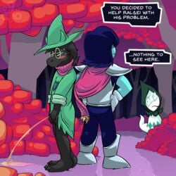 blush conditional_dnp deltarune fur grumpyvulpix human kris_(deltarune) male mammal monster peeing penis ralsei urine watersports