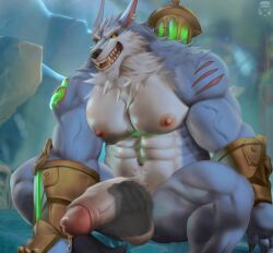 anthro balls big_balls big_penis bozi erection league_of_legends male male_nipples male_only muscular_anthro muscular_male nipples nude penis precum precum_drip riot_games warwick werecanid werecanine werewolf