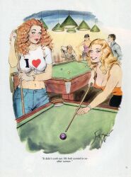 2boys 3girls billiard_ball billiard_table billiards blonde_hair blue_eyes clothed doug_sneyd female male orange_hair red_hair standing vintage