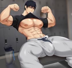 1boy abs big_bulge blue_hair bulge chest_hair dilf flexing gasaiv jujutsu_kaisen male male_only muscular muscular_arms muscular_male solo solo_male toji_fushiguro treasure_trail