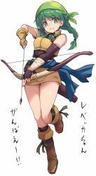 1girls archery_shooting_glove armpits arrow_(projectile) asymmetrical_gloves bandana bare_arms bare_legs bare_midriff bare_shoulders bare_thighs black_gloves black_socks boots bow_(weapon) braid breasts broken_weapon brown_footwear character_name copyright_name elbow_gloves female female_only fingerless_gloves fire_emblem fire_emblem:_the_blazing_blade full_body gloves green_eyes green_hair grey_background grin holding holding_arrow holding_bow_(weapon) holding_weapon japanese_text karukan_(monjya) knee_boots kneehighs leg_up legs long_hair looking_at_viewer low_twintails medium_breasts midriff mismatched_gloves nintendo partially_fingerless_gloves quiver rebecca_(fire_emblem) short_hair simple_background skirt smile socks solo standing standing_on_one_leg text thighs translation_request twin_braids twintails weapon white_background