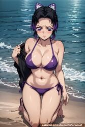 ai_generated aindroidparanoid angry beach bicolored_hair big_ass big_breasts big_butt bikini black_hair breasts cameltoe demon_slayer huge_ass huge_breasts huge_butt kimetsu_no_yaiba kochou_shinobu large_ass large_breasts large_butt mommy nipples outdoors purple_hair short_hair stable_diffusion swimsuit upset