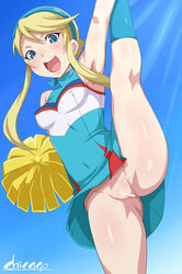 1girls aqua_panties armpits blonde_hair blue_eyes breasts censored cheerleader chicago-x erect_nipples erect_nipples_under_clothes female hairband heroman highres leg_lift lina_davis no_panties panties pom_poms pussy shiny shiny_skin sidelocks signature skirt sleeveless small_breasts solo splits standing standing_on_one_leg underwear vertical_splits