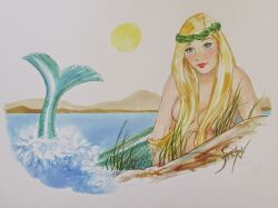 1girls blonde_hair blue_eyes doug_sneyd female female_only long_hair looking_at_viewer mermaid sun water