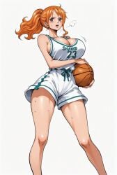 ai_generated alluring almost_naked almost_nude basketball basketball_shorts basketball_uniform big_breasts blush breasts brown_eyes female female_only long_hair looking_at_viewer nami nami_(one_piece) one_piece orange_hair ponytail post-timeskip seducing seduction seductive seductive_body seductive_eyes seductive_gaze seductive_look seductive_mouth seductive_pose shiny_hair shiny_skin sweat sweatdrop sweating sweaty sweaty_body voluptuous voluptuous_female yashin
