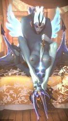 2girls 3d against_will bed benthaideelune black_nails blender blue_skin breasts dagger dominant_female dota_2 feet feet_in_mouth feet_on_face nipple_piercing on_bed queen_of_pain red_eyes smiling smiling_at_partner succubus tagme toes_sucking vengeful_spirit wings yuri