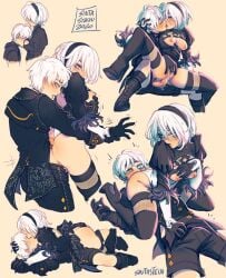 1boy 1girls blush blushing boots breasts_out clothed clothed_sex clothing cunnilingus dress face_between_breasts face_in_breasts gloves heel_boots high_heels kissing leotard leotard_aside long_sleeves nier:_automata short_hair short_male shorts sinkaraia sintastein smaller_male straddling tagme taller_girl white_hair yorha_2b yorha_9s