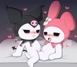 0227 2girls anthro anthro_on_anthro bed black_hood blush bodily_fluids demon duo female female/female furniture genitals heart_symbol hi_res kuromi lagomorph leporid mammal multiple_girls my_melody on_bed onegai_my_melody pink_hood pussy rabbit sanrio sex sweat tribadism vaginal_penetration white_body yuri