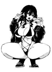 achumuchi ass bikini breasts erotic_x_anabolic female food highres huge_ass inui_achu large_breasts long_hair looking_at_viewer mitsukura_itsuha monochrome original pose solo squatting swimsuit thick_thighs thighs tongue tongue_out v_sign wide_hips