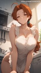 1girls ahoge ai_generated apron apron_only bedroom_eyes bewaretheaimachinegod big_breasts breasts brown_eyes brown_hair cleavage collarbone delia_ketchum_(pokemon) detailed_background eyebrows eyelashes female female_only front_view game_freak hi_res hips human human_only indoors kitchen leaning_forward light-skinned_female light_skin looking_at_viewer milf mommy naked_apron nintendo pokemon pokemon_(anime) ponytail smile solo tied_hair wide_hips