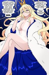 blonde_hair coat crown dialogue functionally_nude fur_coat high_heels large_breasts nicolasgravelqc original original_character queen_celestina text transparent_clothing