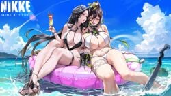 2girls arms_behind_back barely_clothed barely_contained baseball_bat beach belly_button bikini black_hair black_nails black_toenails blush cleavage feet floaty flower flower_in_hair goddess_of_victory:_nikke green_hair guilty_(nikke) guilty_(wave_of_disbelief)_(nikke) happy hi_res high_resolution highres hips holding_arm holding_drink huge_breasts key key_necklace large_breasts legs legs_apart legs_crossed light-skinned_female light_skin lips lipstick maiden_(nikke) maiden_(under_the_sun)_(nikke) massive_breasts multiple_girls ocean official_art open_mouth pinkmill ponytail purple_eyes red_eyes restrained shaved_crotch shaved_pussy sideboob sitting skindentation splashing straps sunglasses sunglasses_on_head swimsuit talking talking_to_another thick_thighs thighs underboob water watermelon wet wet_body wet_clothes wet_swimsuit