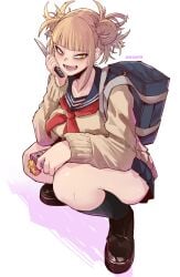 1girls aosora bag blonde_hair blush double_bun fangs female_only good_quality himiko_toga knife my_hero_academia phone yellow_eyes