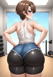 1girl 1girls 2020s 2024 accurate_art_style ai_generated anime ass bangs bare_shoulders black_bottomwear blue_bottomwear blue_eyes blush breasts brown_hair butt butt_crack_outline compression_shorts confidence confident confident_smile denim denim_shorts female from_behind grin gym hand_on_hip hands_on_hips hololive huge_ass indoors jean_shorts light-skinned_female light_skin looking_at_viewer looking_back looking_back_at_viewer love manga mixed_emotions oozora_subaru rear_view sexy_pose shiny_bottomwear shiny_hair shiny_skin short_hair short_hair_female short_shorts shorts shorts_under_shorts skindentation small_breasts smile smiling smiling_at_viewer smug solo solo_female standing strong_tomboy_(spectrum) sweat sweaty_body sweaty_legs sweaty_tomboy tank_top teenage_girl teenager thick_thighs tomboy virtual_youtuber white_tank_top white_topwear wooden_floor yoshi_tama_(style)